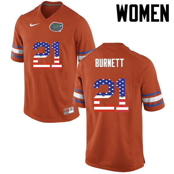 Women Florida Gators #21 McArthur Burnett College Football USA Flag Fashion Jerseys-Orange - Click Image to Close